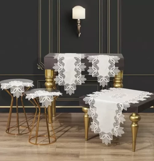 Çeyizlik Kayla Model Krem-Gümüş 5 Parça Keten Dantelli Salon Takımı Runner Seti