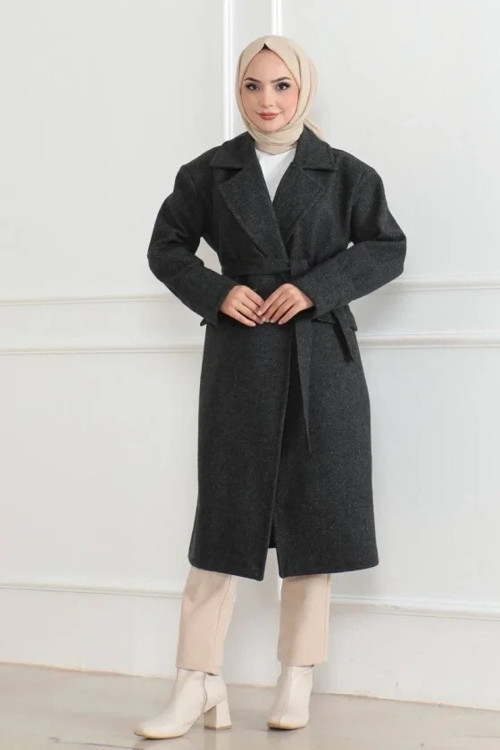 Kaşe Kaban Uzun Boy 115 Cm Kruvaze Yaka Kuşaklı Astarlı Tesettür Kaban Yünlü