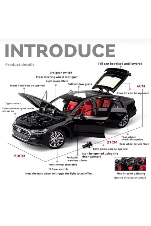 1:24 Audi A7 Sesli Işıklı Çek Bırak Metal Model Diecast Araba Siyah Renk