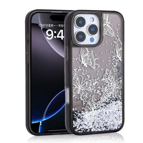 iPhone 15 Pro Max Kılıf Kelebek Desenli Simli Sıvılı Kamera Yükseltili Silikon Maks