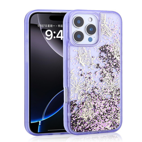 iPhone 15 Pro Max Kılıf Kelebek Desenli Simli Sıvılı Kamera Yükseltili Silikon Maks