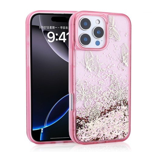 iPhone 16 Pro Max Kılıf Kelebek Desenli Simli Sıvılı Kamera Yükseltili Silikon Maks