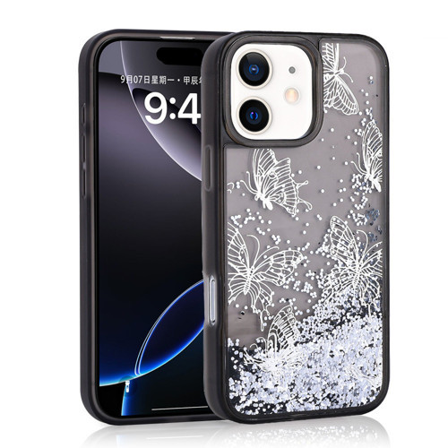 iPhone 12 Kılıf Kelebek Desenli Simli Sıvılı Kamera Yükseltili Silikon Maks