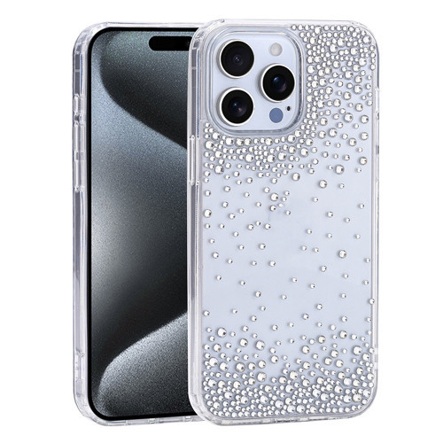 iPhone 15 Pro Max Kılıf Kamera Yükseltili Simli Damla Taşlı Silikon Maks