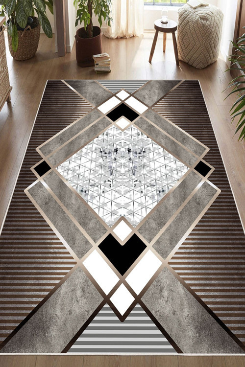 Geometrik Desenli Makinede Yıkanabilir Kaymaz Taban Oturma Odası Salon Halı Koridor Halı