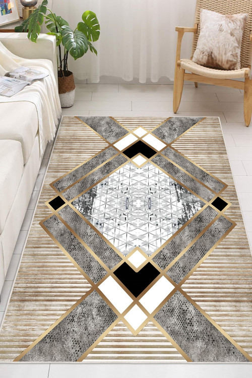 Geometrik Desenli Makinede Yıkanabilir Kaymaz Taban Oturma Odası Salon Halı Koridor Halı