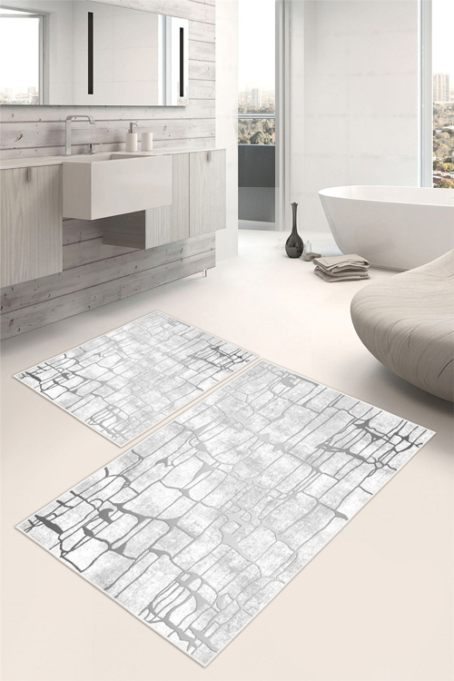 Modern Desenli Gri Dijital Baskılı Yıkanabilir 2li Banyo Paspası