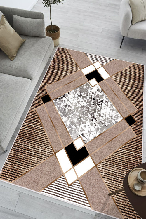 Geometrik Desenli Makinede Yıkanabilir Kaymaz Taban Oturma Odası Salon Halı Koridor Halı
