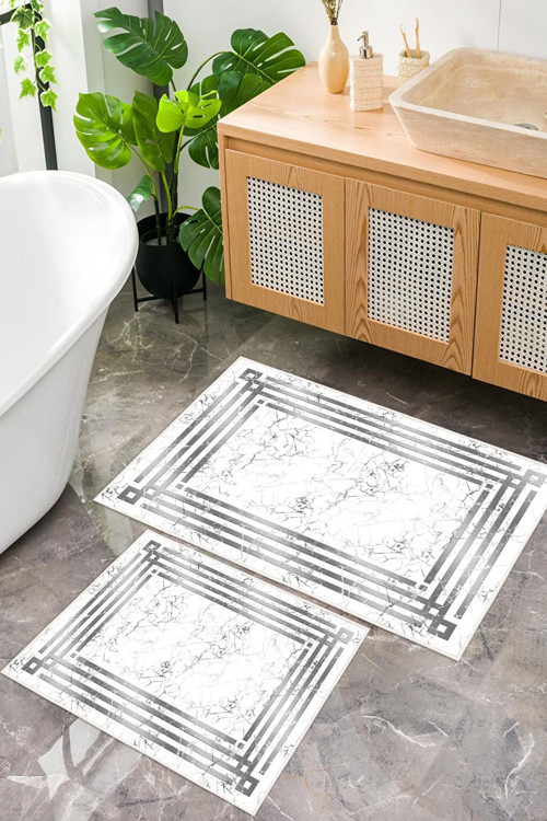 Dijital Baskı Mermer Desen Çerçeveli Kaymaz Taban 2li Set Banyo Paspası Klozet Takımı (50x60cm-60x100cm)
