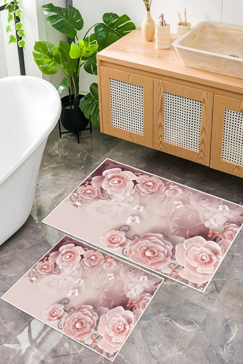 Dijital Baskı Pembe Gül Desen Kaymaz Taban 2li Set Banyo Paspası Klozet Takımı (50x60cm-60x100cm)