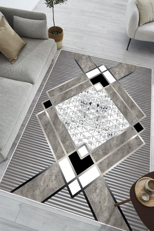 Geometrik Desenli Makinede Yıkanabilir Kaymaz Taban Oturma Odası Salon Halı Koridor Halı