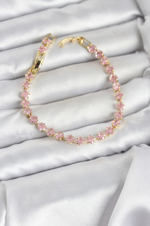 Pembe Kare Zirkon Taşlı Gold Renk Pirinç Su Yolu Kadın Bileklik TJ-BB8324