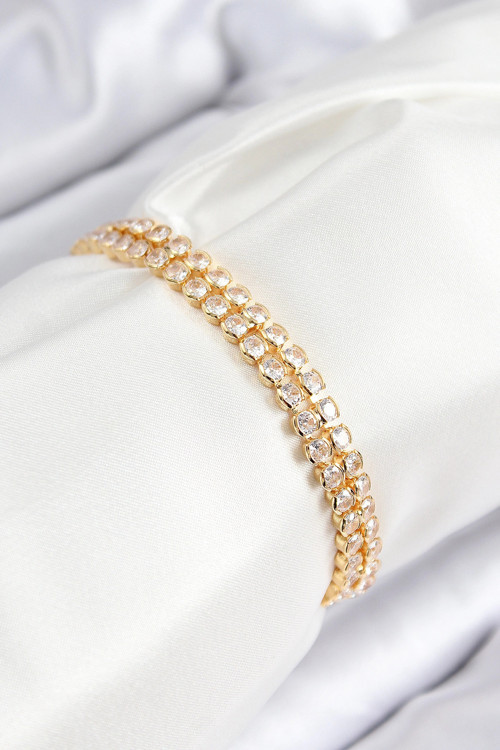 Pirinç Zirkon Taşlı Çift Sıra Model Gold Renk Asansörlü Kadın Bileklik TJ-BB7739