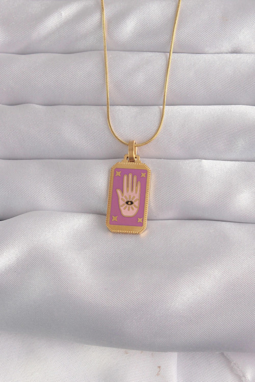 316L Çelik Gold Renk Mor Mineli El Figür Tarot Kolye TJ-BKO9034