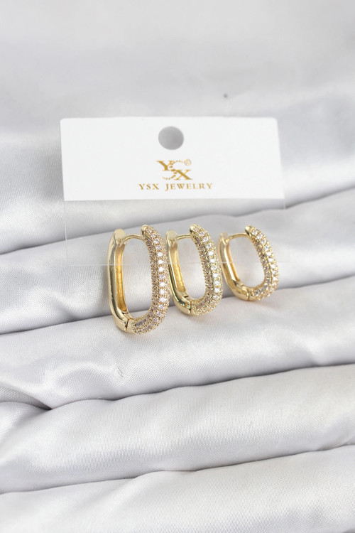 Pirinç Gold Renk Zirkon Taşlı Halka Model YSX Trio Küpe Seti TJ-BKP11570