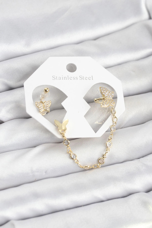 Model Pirinç Gold Renk Zincir Bağlantılı Ear Cuff Küpe Seti TJ-BKP11548