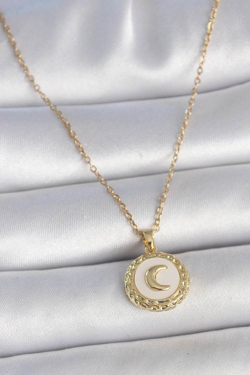 316L Çelik Gold Renk Zincir Beyaz Mineli Hilal İşlemeli Madalyon Model Kadın Kolye TJ-BKO10035