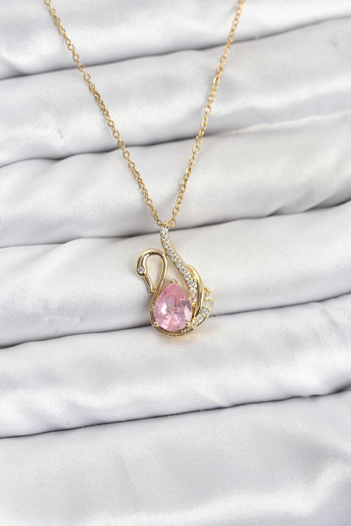 316L Çelik Zincir Gold Renk Pembe Kuğu Model Zirkon Taşlı Kadın Kolye TJ-BKO10867