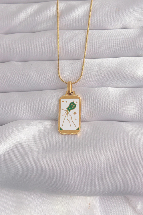 316L Çelik Gold Renk Beyaz Mineli Tarot Kolye TJ-BKO9039
