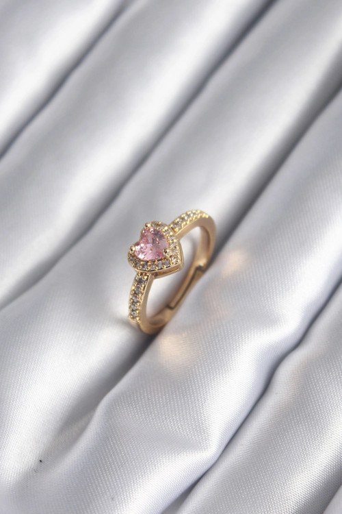 Pirinç Gold Renk Pembe Zirkon Taş Kalp Charm Model Kadın Yüzük TJ-BYK2957