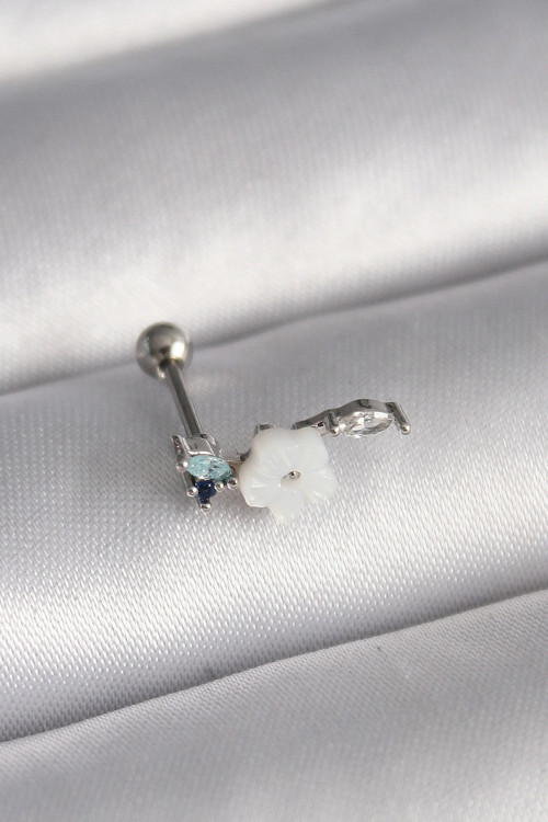 316L Çelik Gümüş Renk Zirkon Taş Detay Beyaz Çiçek Model Tragus Piercing TJ-PR1357