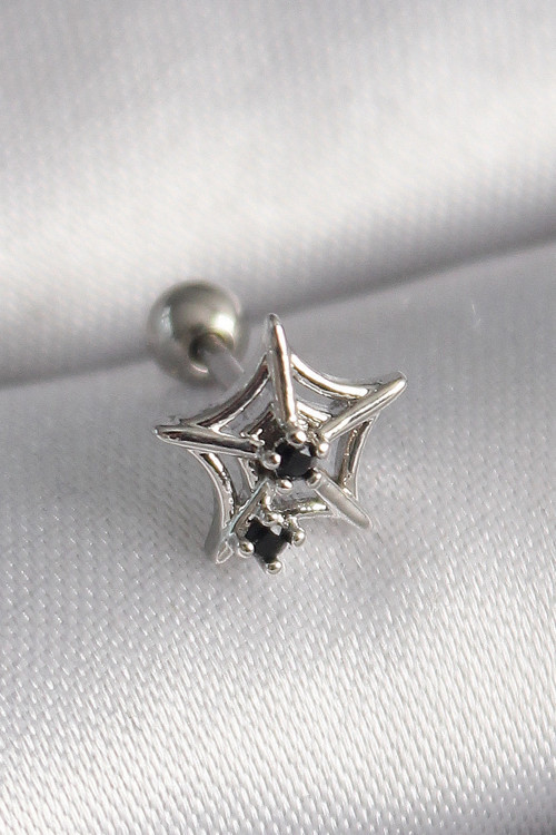 316L Çelik Gümüş Renk Siyah Zirkon Taş Detay Örümcek Ağ Model Tragus Piercing TJ-PR1293