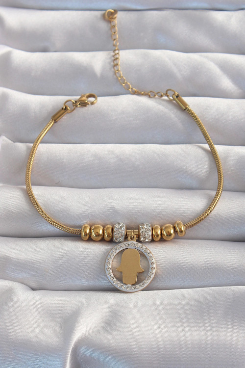 316L Çelik Gold Renk Zirkon Taş Aksesuarlı Fatma Ana Eli Bileklik TJ-BB6233
