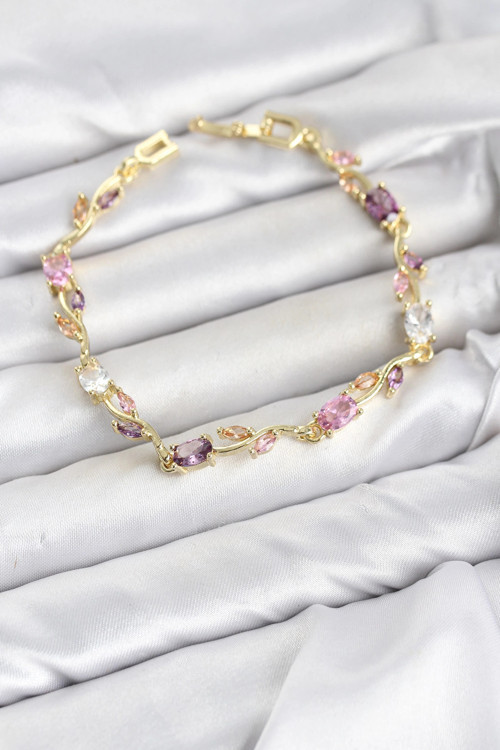 Pirinç Gold Renk Pembe ve Mor Zirkon Taşlı Çiçek Model Kadın Bileklik TJ-BB8585