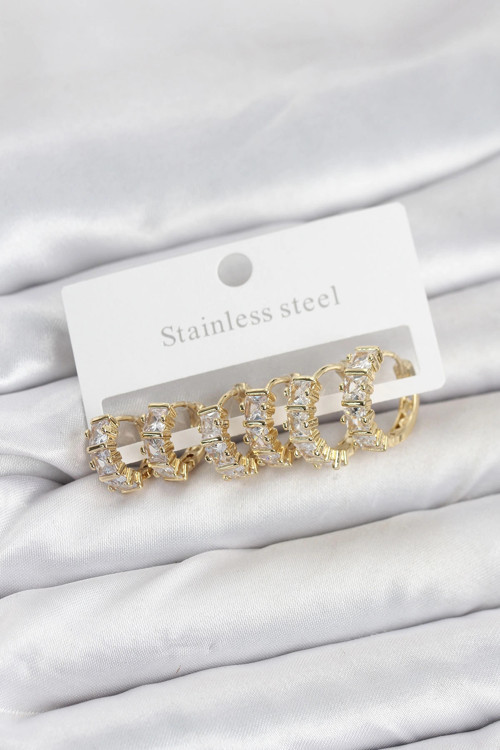 316L Çelik Gold Renk Baget Zirkon Taşlı Halka Küpe Seti - TJ-BKP11528
