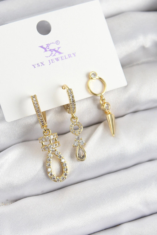 Pirinç Zİrkon Taşlı Sallantılı Model Gold Renk 3'lü Kadın Küpe TJ-BKP10939