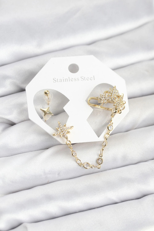 Kutup Yıldızı Model Pirinç Gold Renk Zincir Bağlantılı Ear Cuff Küpe Seti TJ-BKP11550
