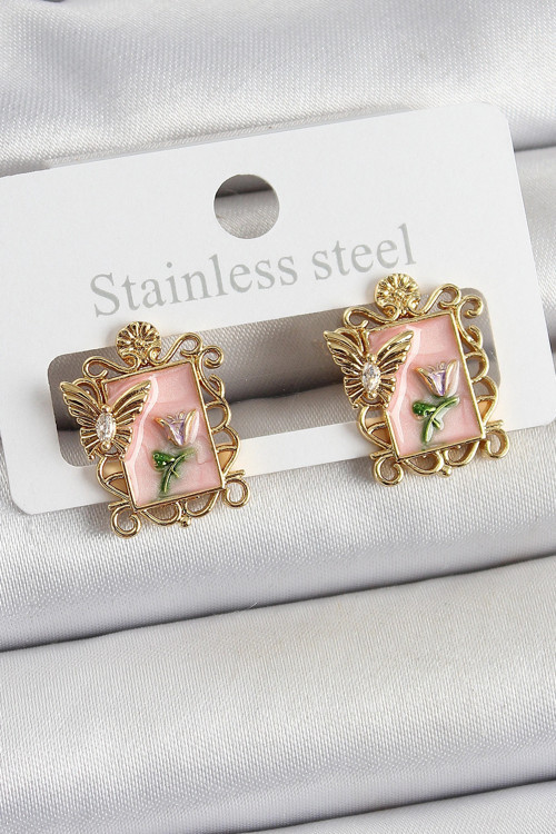 Pirinç Pembe Mineli Sanatsal Portre Model Gold Renk Kadın Küpe TJ-BKP10685