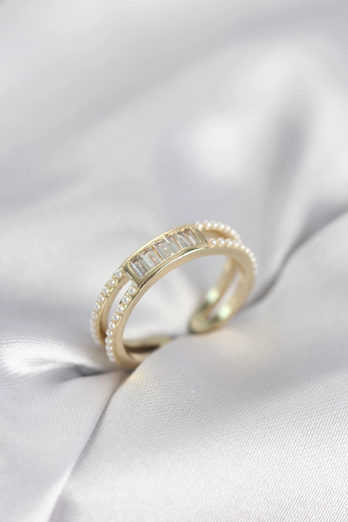 Baget Zirkon Taşlı Gold Renk İncili Kadın Yüzük TJ-BYK4032
