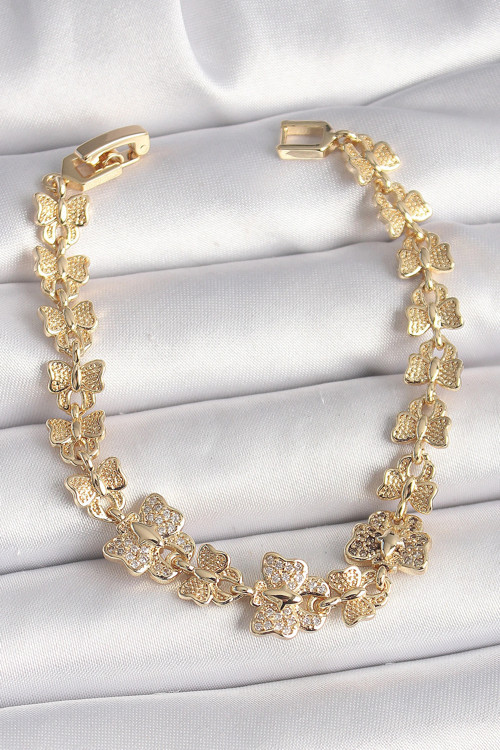 Pirinç Gold Renk Zirkon Taşlı Model Zincir Kadın Bileklik TJ-BB6834