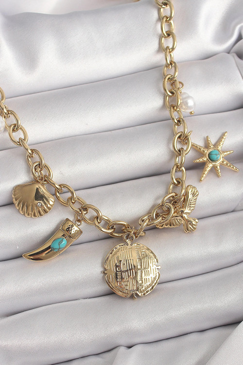 316L Çelik Gold Renk Zincir Sallantılı Çoklu Figür Model Kadın Kolye TJ-BKO9849
