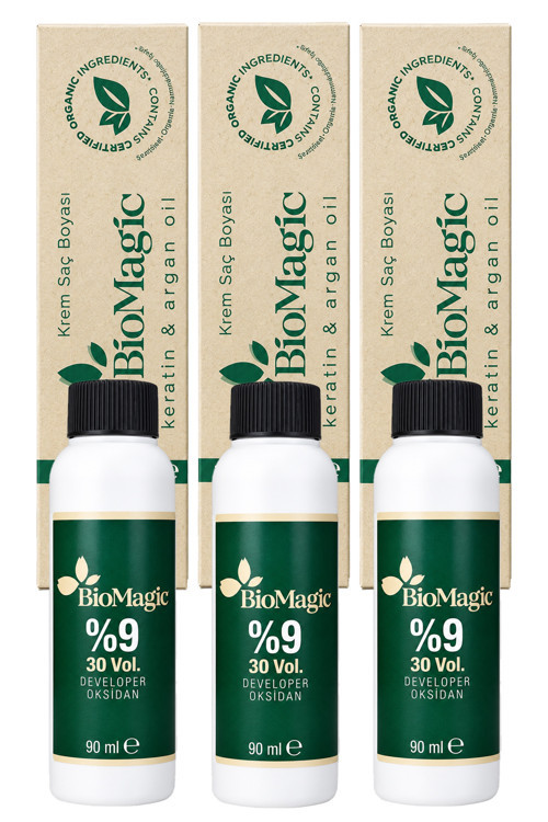 BioMagic Organik İçerikli Amonyaksız Saç Boyası 60 Ml. + Oksidan 90 Ml. (3'er Adet)