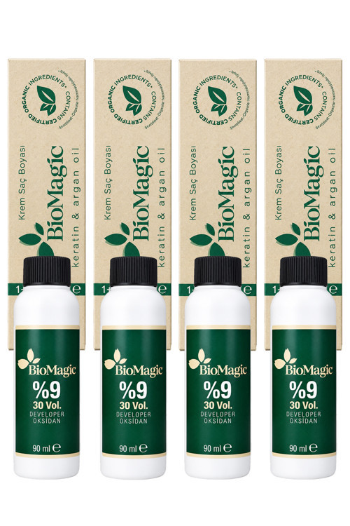 BioMagic Organik İçerikli Amonyaksız Saç Boyası 60 Ml. + Oksidan 90 Ml. (4'er Adet)