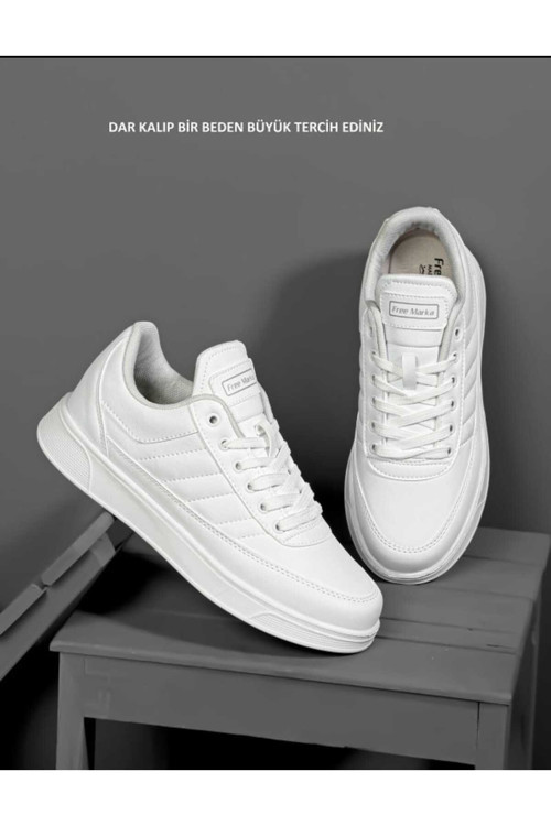 Günlük Erkek Beyaz Sneaker Bağcıklı Rahat Ortopedik Spor Ayakkabı