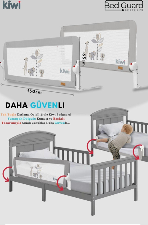 Çocuk Yatak Koruyucu Bariyeri Ve Yatak Korkuluğu Ekstra Dolgulu Kumaş 150x65 cm Gri