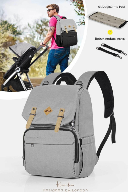 Coolbag Anne Bebek Bakım Sırt Çantası-Askı Aparatı Alt Açma Pedi Termal Göz Su Geçirmez/Gri