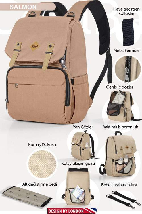 Coolbag Anne Bebek Bakım Sırt Çantası-Askı Aparatı Alt Açma Termal Göz Su Geçirmez/Somon