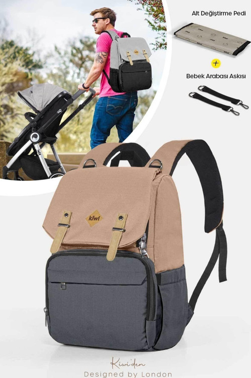 Coolbag Anne Bebek Bakım Sırt Çantası-Askı Aparatı Alt Açma Termal Göz Su Geçirmez/Somon-Antrasit