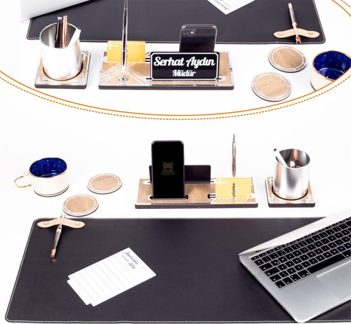 Siyah Deri Masa Pedli Gümüş Masa Organizer Seti Kalemli Telefonluklu Kalemlikli Ahşap Masa İsimliği
