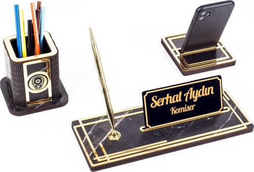Space Polislere Özel Kalemlikli Ahşap Masa İsimliği Seti Mermer Desenli Hediye Ofis Masa İsimlik