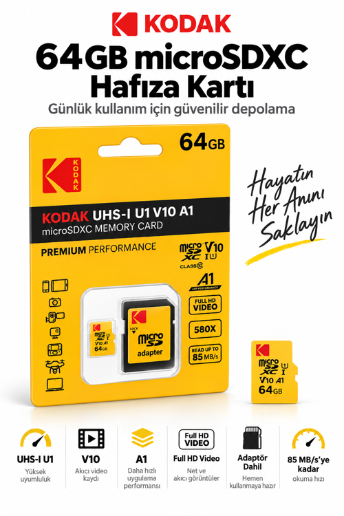 64GB microSDXC Hafıza Kartı UHS-I U1 V10 A1 85 MB/s Full HD SD Adaptörlü