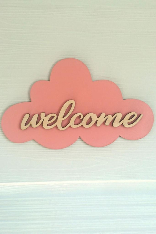 Welcome Yazılı Pembe Bulut Kapı Süsü Ahşap Kapı Duvar Süsü