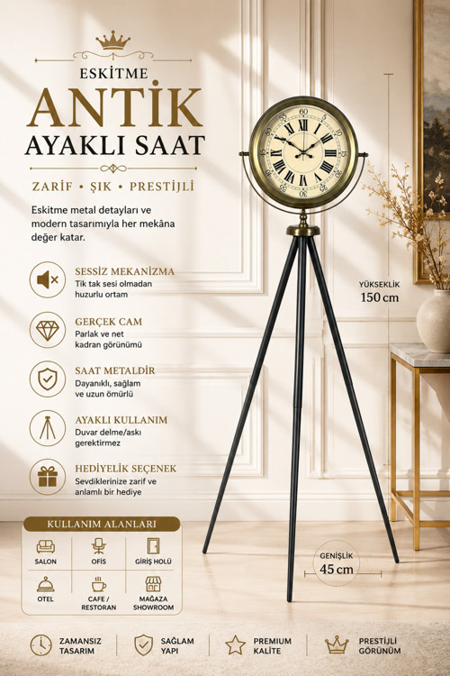 Antik Görünümlü Eskitme Tripod Ayaklı Saat