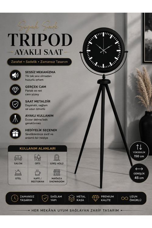 Siyah Lüks Sade Tripod Ayaklı Saat