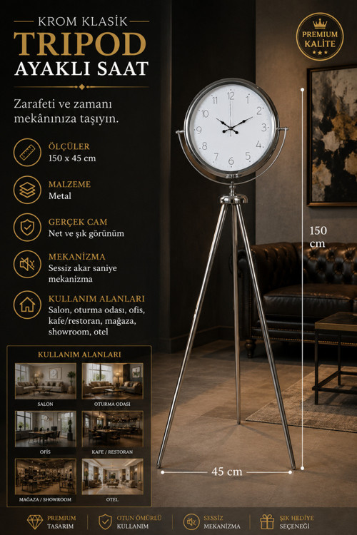 Krom Klasik Tripod 150 x 45 cm Metal Ayaklı Saat