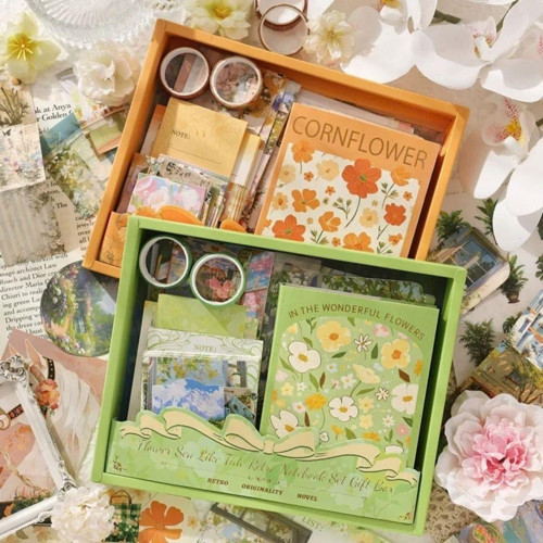 Vintage Çiçek Desenli A6 Günlük Ve Ajanda Hediye Seti - Estetik Scrapbooking Ve Günlük Süsleme Kit Kutusu 116 Parça
